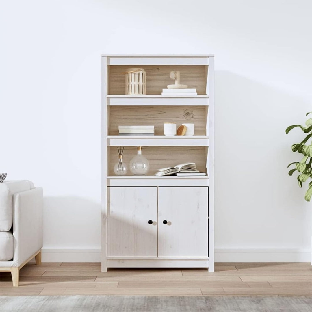 Hochschrank in Weiss und Naturbraun mit offenen Ablagen
