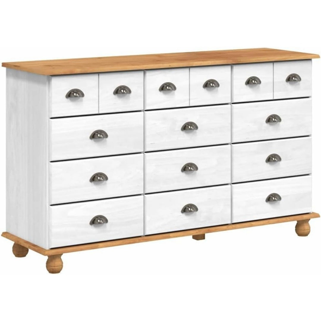 12 Schubladen an dem Sideboard aus Kiefernholz